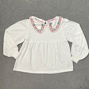 Mini Boden Embroidered White Blouse with Floral Collar